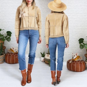 Vintage Suede & Crochet Jacket || Size Medium Small || Light Brown Tan Leather Cardigan Button Down Bohemian Minimalist Hippie Shirt