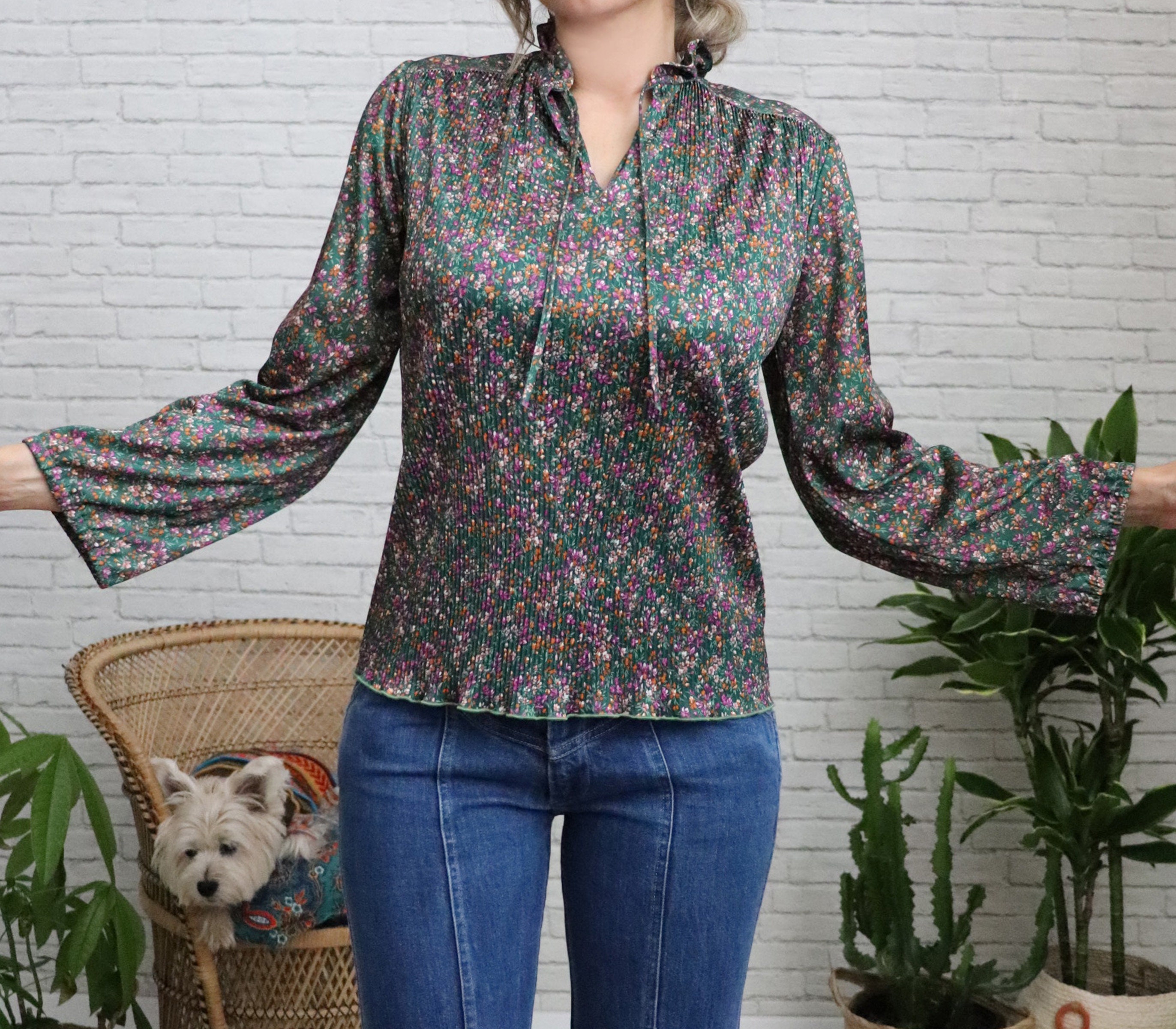 1970s Calico Floral Blouse | Small Medium | Forest Green