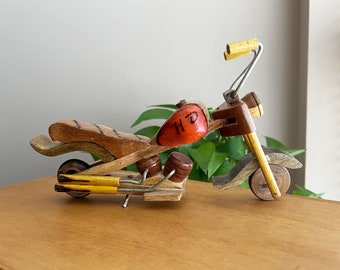 1970&#39;s Miniature Motorcycle Bike | Handmade Wood Chopper Retro Moto Biker Decor Gift Woodwork Figurine Home Bar Decor