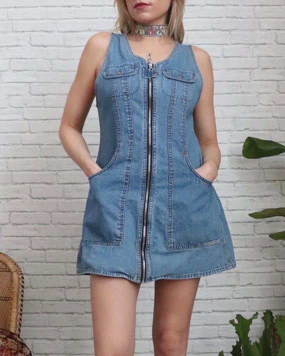 80s Denim Mini Dress | Small Medium | Vintage A-Line Zip-Up Go-Go Style View 5