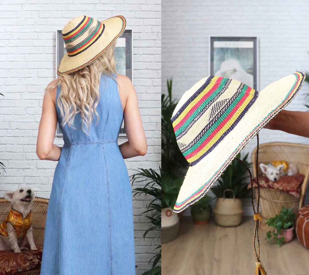 1970s Handgewebter Strohhut Bunter mexikanischer Strand Panama Sombrero ...