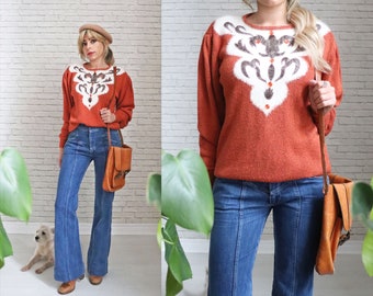 1970s Pumpkin Spice Sweater || Medium Size || Vintage Western Style Beaded Applique Knit Jumper || Rayon Acrylic Angora Lambswool