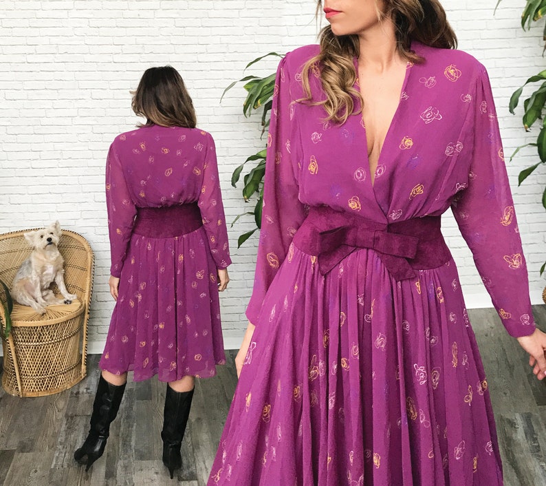 70's Purple Party Dress Plunging Neckline Purple image 1