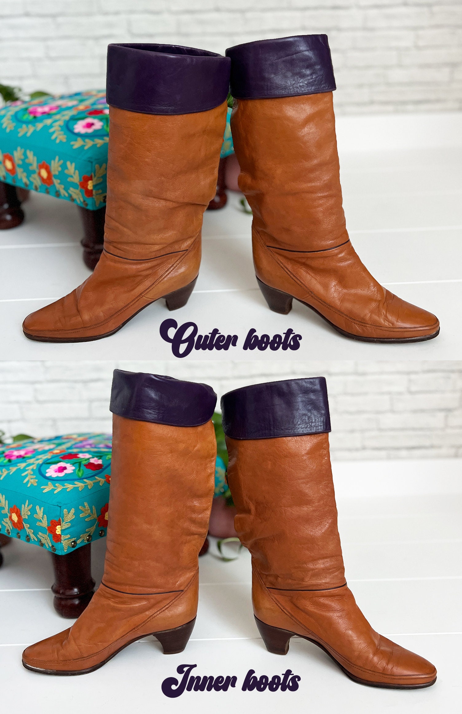 【PARTIMENTO】★DRAWSTRING LEATHER SLOUCH TALL BOOTS★3COLOR 1970's Color Block Boots, Size 6.5 to 7 US, 37.5, Brown