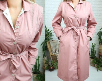 1970s Dusty Rose Trench Coat | Small Size | Retro Pink Rain Jacket | Utex | Cotton Polyester Trenchcoat | Made In Romania