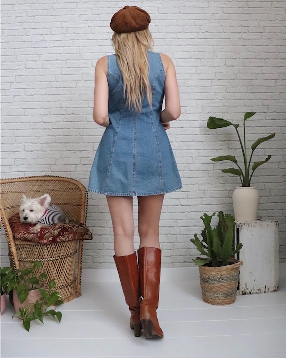 80s Denim Mini Dress | Small Medium | Vintage A-Line Zip-Up Go-Go Style View 4