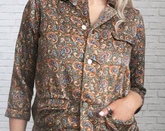 60s Paisley Flannel Shirt | XS to Small Size | Vintage Bohemian Croppe Boho Hippie Top