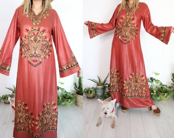 1970's Bell Sleeve Maxi Dress || Size Small Medium || Jewelled Rhinestone Bohemian Flared A Line Burnt Sienna || Boho Hippie Evening Dress