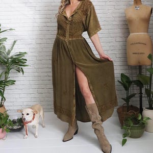90s Olive Green Boho Dress | Large Size | Open Size | Button Down Maxi Length Short Sleeve Grunge Bohemian Rayon Gauze Festival Hippie Dress