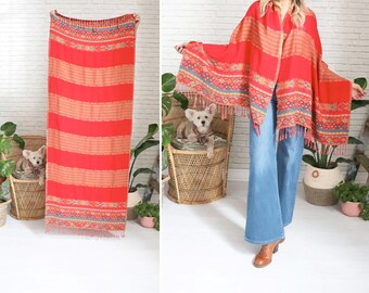 Vintage Kilim Blanket Scarf || Red Bohemian Wide Width Ethnic Shawl With Tassels Fringe Wrap Turkish Boho Hippie Pashmina Style Wrap Skirt