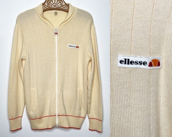 1973 Cardigan de tennis ELLESSE | Hommes de taille moyenne | Made In Italy vintage Zip Up Cowl Neck Beige Crème Orange Pull à manches longues Automne Hiver