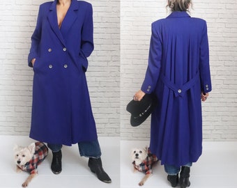1970's HOLLY Blue Wool Coat | Double Breasted Menswear Overcoat | Bright Royal Blue Medium Weight Virgin Wool Flowing Long Maxi Coat