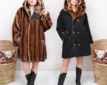 80s Reversible Faux Mink Coat | Large Oversized Fit | Vintage 2 In 1 Winter Jacket