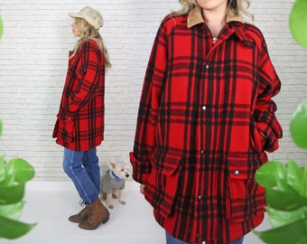 80s Ralph Lauren Wool Coat | Medium Large Size | Red  Black Buffalo Plaid Rugged Coat
