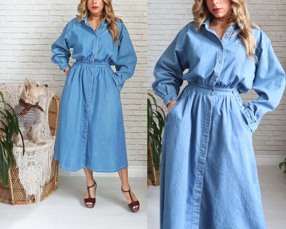 1970s Denim Shirt Dress • Women's Jean Dress • Lo… - image 5