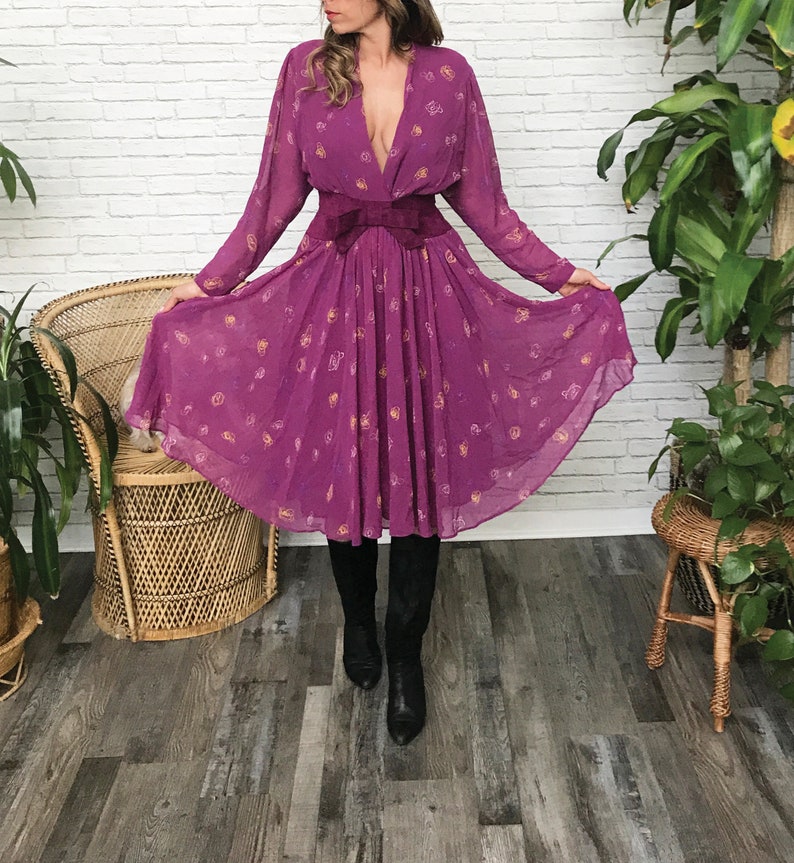 70's Purple Party Dress Plunging Neckline Purple image 2