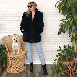 80s Black Faux Fur Coat |  Medium Size | Vintage Animal Friendly Winter Coat