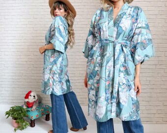 Vintage Turquoise Japanese Kimono | Size Small To Medium Cotton Duster Dressing Robe | Botanical Gold Print |