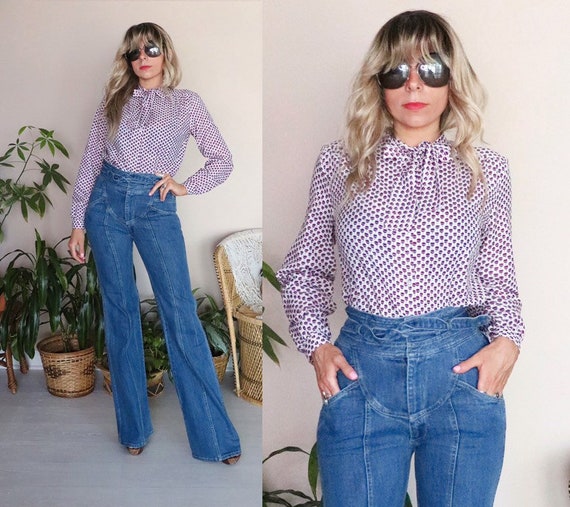 Vintage 70s Secretary Blouse // Maroon Floral Bowe