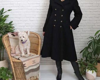 80s Black Wool Coat | Small Medium | Double-breasted Gold Button