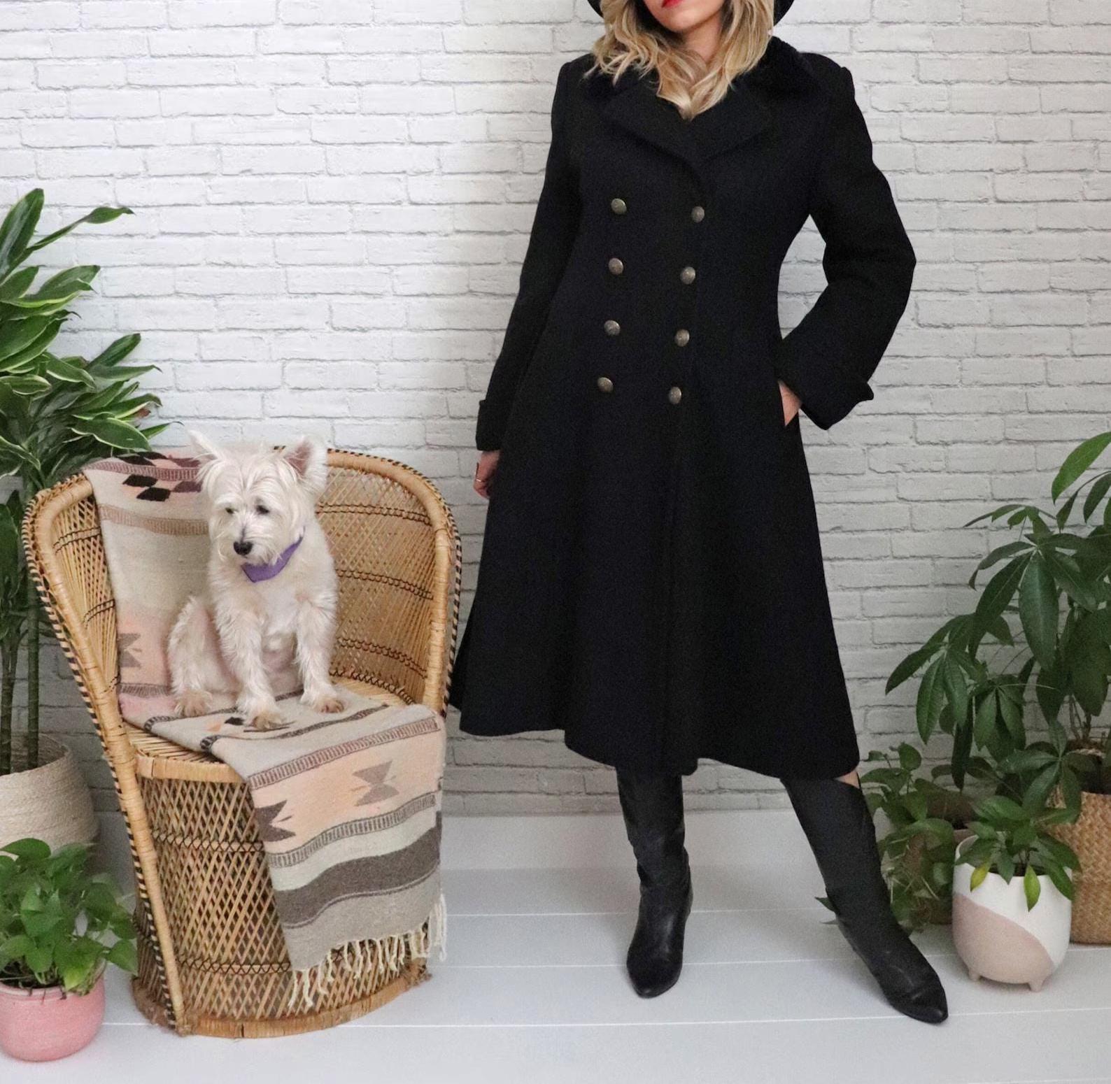 80’s Wool High Neck Double Breasted Coat 80s Black Wool Coat | Small Medium | Double-breasted Gold Button