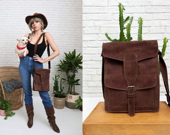 Vintage Suede Satchel Bag | Brown Leather Double Sided Crossbody Shoulder Purse |  Bohemian Hippie Messenger Bag | Adjustable Strap