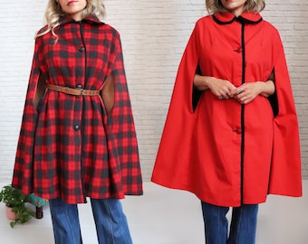 1960's Reversible Tartan Cape | Open Fit Free Size | Cute Vintage Red Plaid And Solid Long Cloak Coat | Button Down | Peter Pan Collar