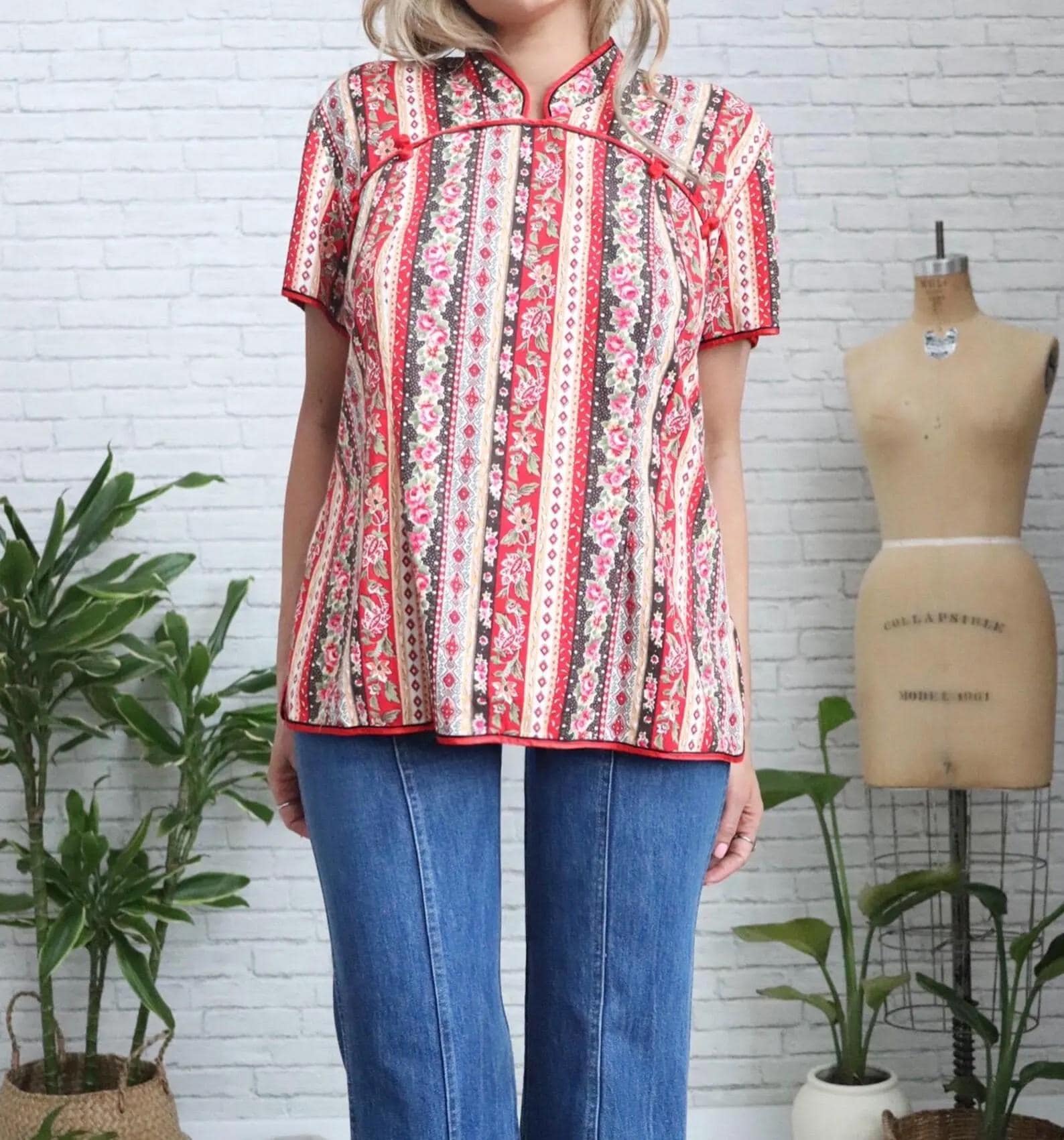60sビィンテージチャイナチュニック チャイナ服 花柄チャイナカラーチュニックシャツ シャツ|チャイナ服