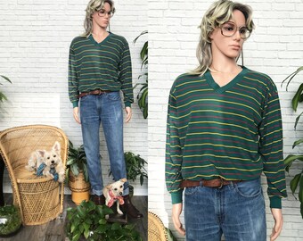 Mens 70's Striped Golf Shirt // Long Sleeve Shirt // Long Sleeve Polo // Vintage Golf Shirt // Cotton Polyester Pullover Shirt