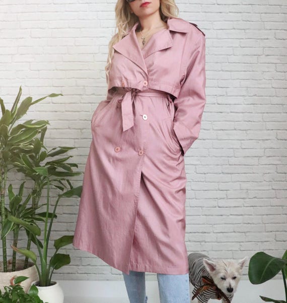 1980s Dusty Rose Trenchcoat Medium Size Belted Mauve Pink Double