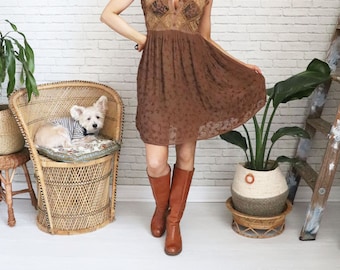 Vintage Embroidered Rayon Boho Mini Dress | Small Medium | Vintage Earthy Brown Color