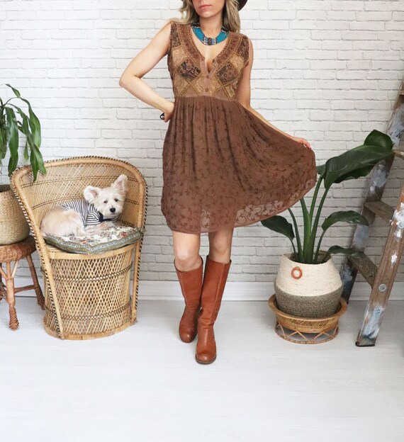 brown boho mini dress Mustard Seed Valentina Latte Brown Puff Sleeve Mini Dress - Size L