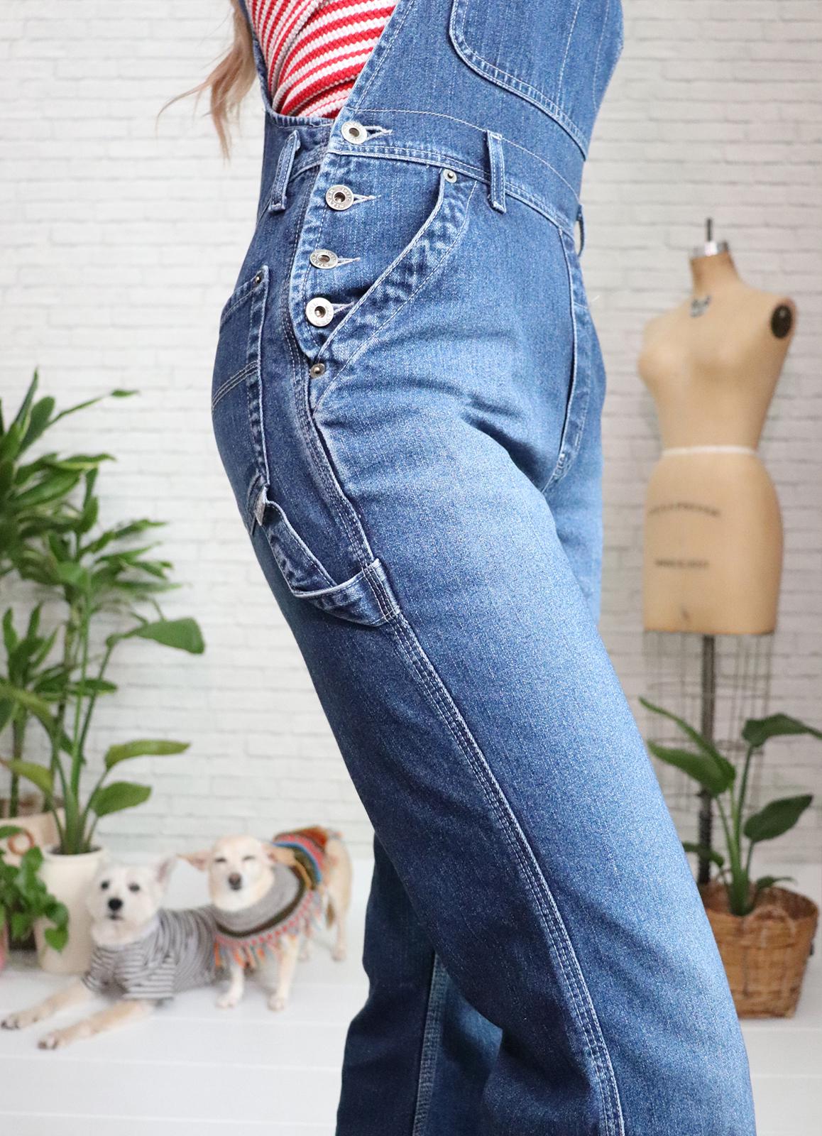 90s Denim Overalls | Small to Medium | Vintage Dark Blue Silver