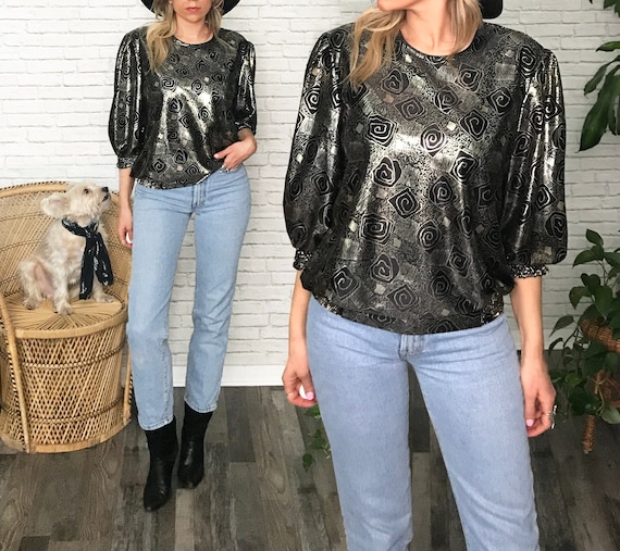 80s Silver Metallic Top, Silver Disco Top, Black M