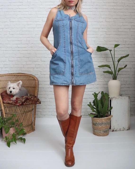 80s Denim Mini Dress | Small Medium | Vintage A-Line Zip-Up Go-Go Style View 6