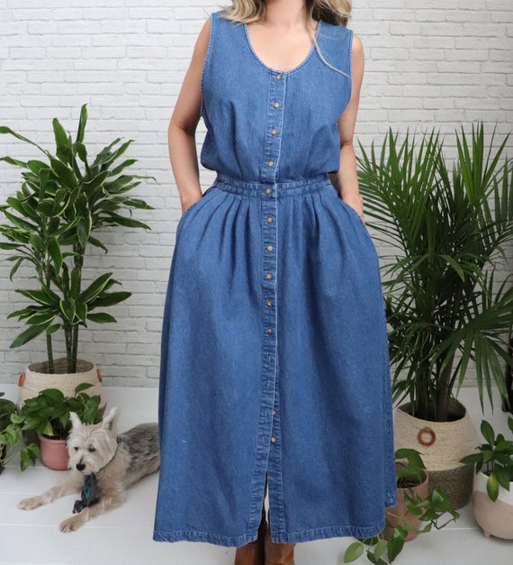 Vintage Denim Maxi Dress | Large Size Womens Ladies | Eddie Bauer Blue Jean  Shirtdress | Sleeveless Long Denim Dress | Made in U.S.A. - Etsy