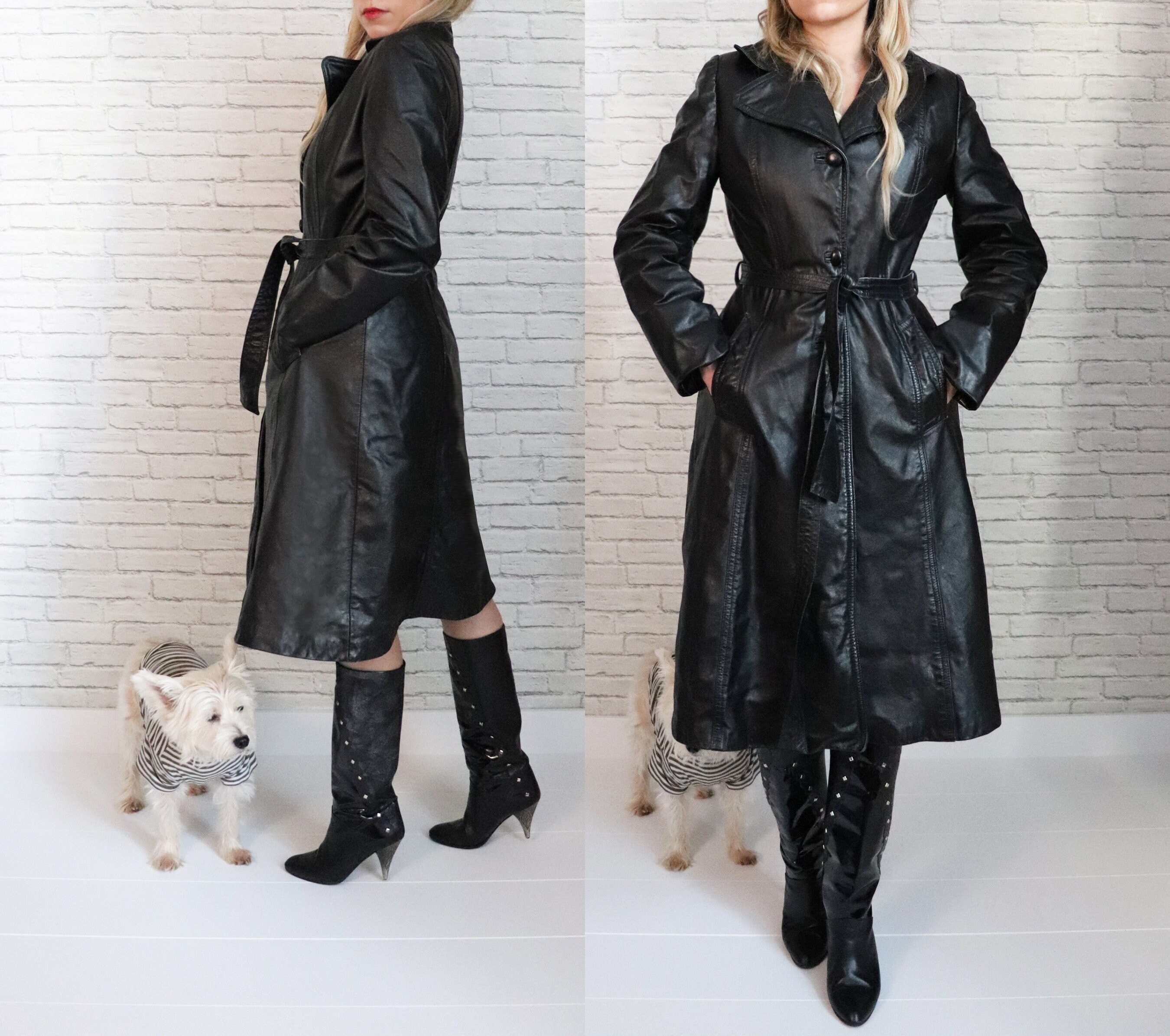 【希少品】Vintage Leather Long Trench Coat Vintage Leather Long Trench Coat, Below Knee, Pockets