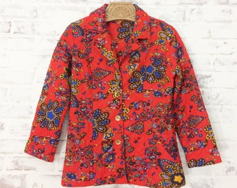 Jaren 60 gewatteerde paisleyblazer | Klein formaat | Vintage psychedelisch roodoranje boho-jasje
