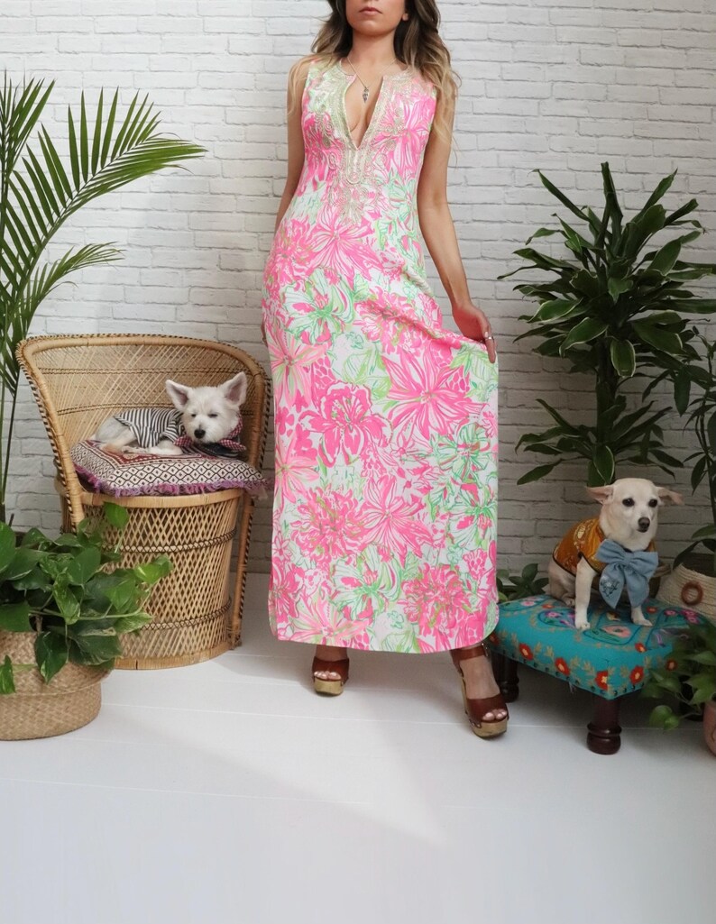 Lilly Pulizter Resort Maxi Dress | Small US 4 | Pink Green Gold Embroidered Soutache image 9
