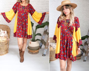 Vintage Embroidered Dress || Bell Sleeve Bohemian Patchwork Babydoll Peasant Style Flared Short Tunic || Small Medium Yellow Red Boho Hippie
