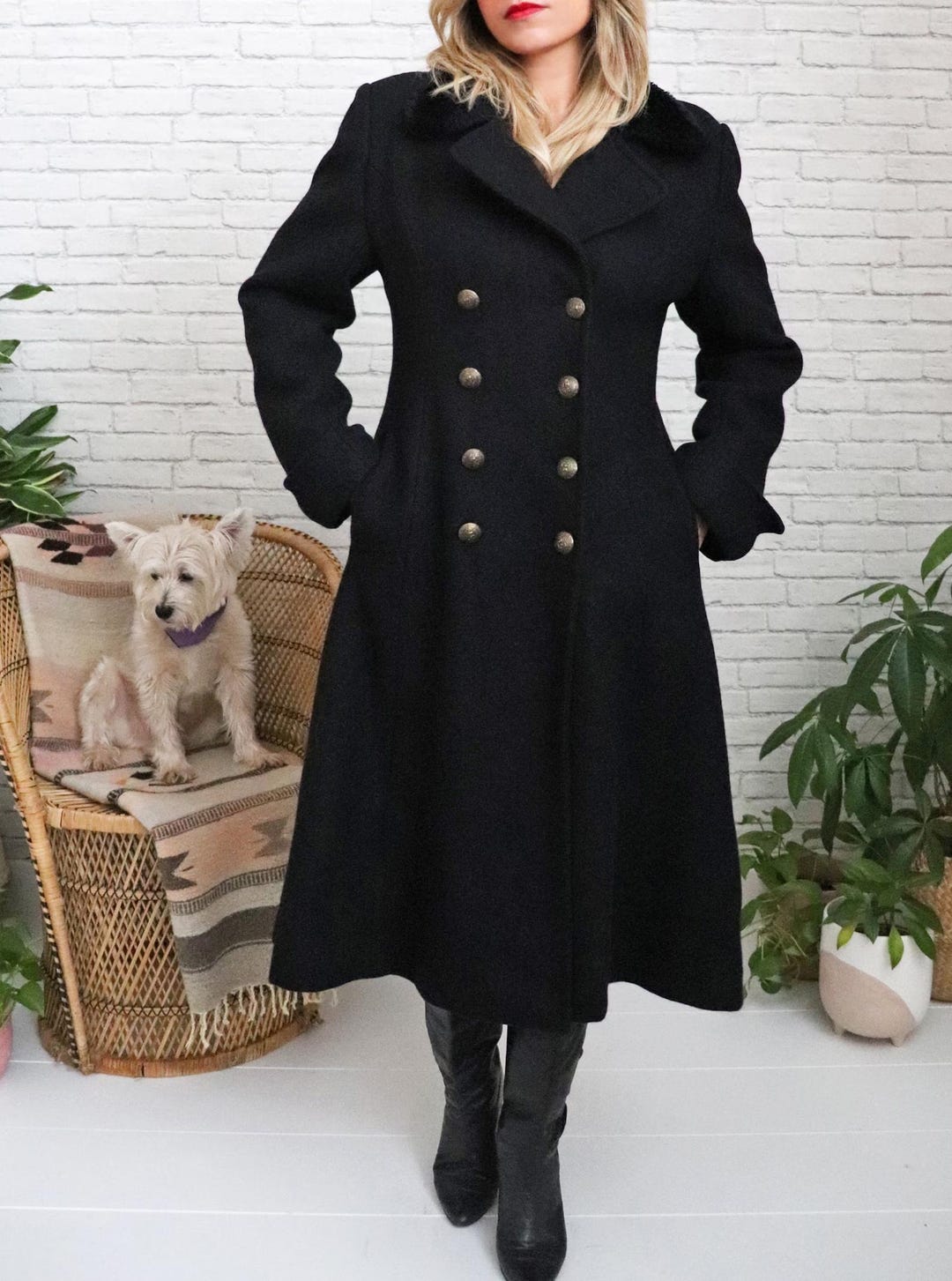 80s Black Wool Coat | Small Medium | Double-breasted Gold Button
