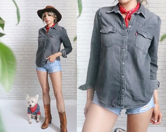 90's Levi's Western Shirt | Size Small To Medium | Black Worn In Denim Jean Shirt | Snap Button Pearl Buttons | Classic Cowboy Cowgirl Top