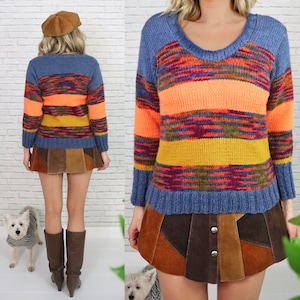 60s 70s Knit Sweater | Small Size | Boho Hippie Hand Knitted Acrylic Pullover Winter Jumper | Acrylic Wool Blend | Vintage Knitwear