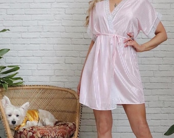 80s Pink Satin Robe | Small Medium | Vintage Lace Kimono Short Dressing Loungewear