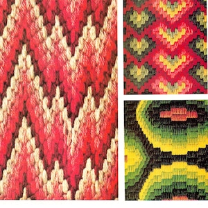 Pode incluir: Close-up de três amostras têxteis com padrões intrincados. A maior amostra apresenta um design em zigue-zague vermelho e creme. As outras duas amostras mostram padrões geométricos em vermelho, verde, amarelo e preto. Os têxteis parecem ser tecidos ou bordados.