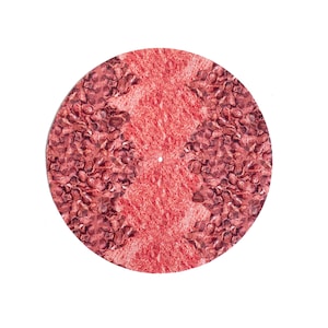 May include: A red round disc with a textured surface. The texture is made up of small, raised dots that are arranged in a pattern.
