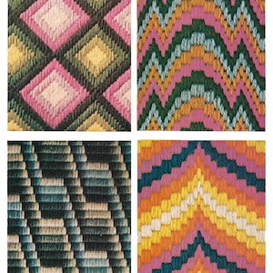 May include: Four different patterns of colorful embroidery on a white background. The patterns are a diamond pattern, a chevron pattern, a wavy pattern, and a pointed pattern.