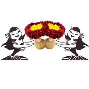 May include: Two crocheted flower leis with yellow centers and red petals, held by two cartoon hula dancers with black hair and white faces.