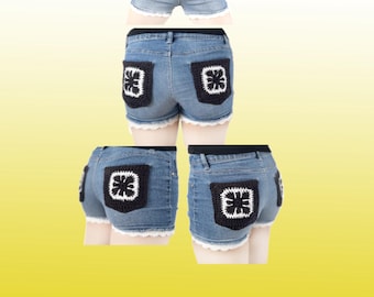 Bolsillos Ulu de crochet de mezclilla reciclada, pieza única hecha a mano en Hawái