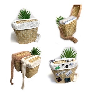 May include: Four woven straw bags with white and tan crocheted straps. The bags are all different sizes and have different designs. Some of the bags have patches and pins on them.